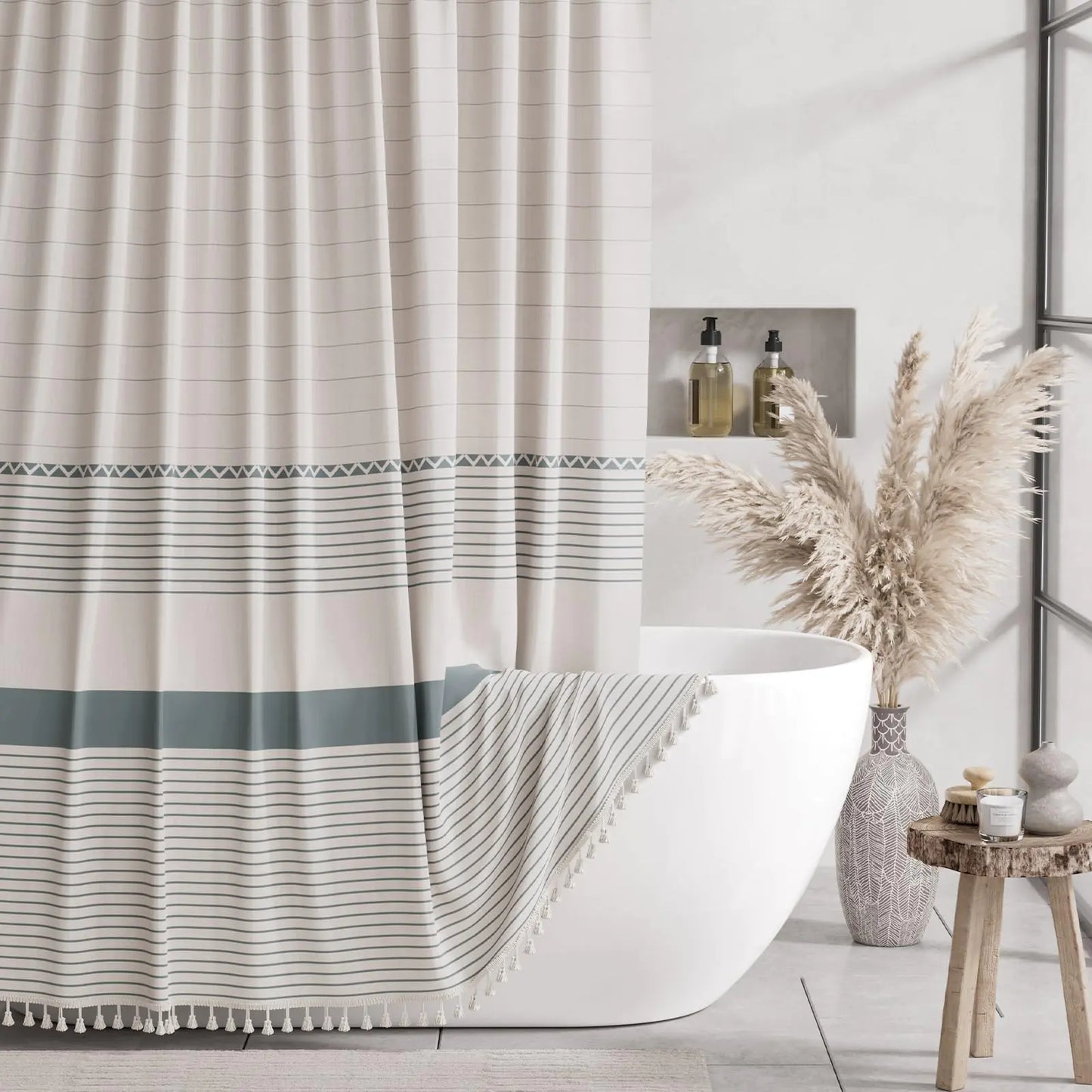 AmazerBath Farmhouse Shower Curtains for Bathroom Boho Shower Curtain with Tassels Striped Shower Curtain Beige Faux Linen Shower Curtain with Hooks Rustic Shower Curtain Neutral 72x72 Inches
