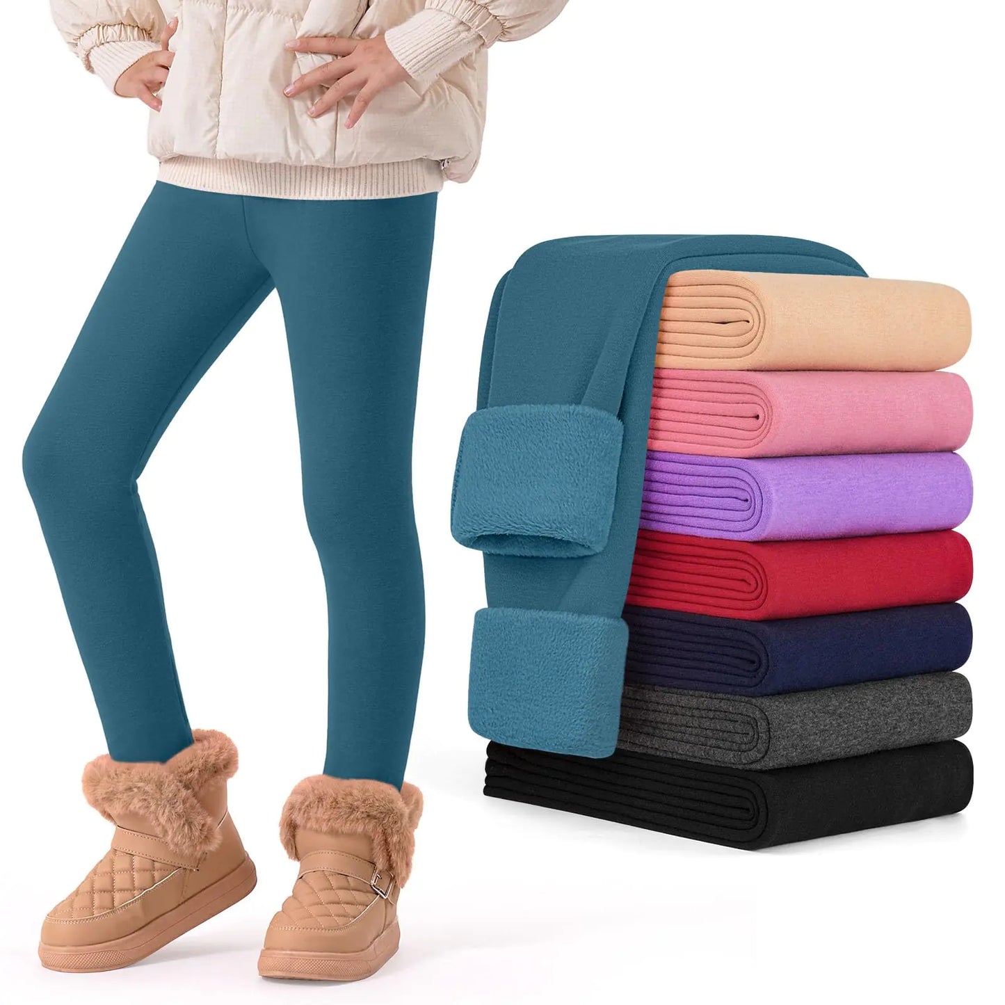 ZUEMET Girls Fleece Lined Leggings Kids Winter Warm Leggings Thermal Full Length Pants Steel Blue 9-10 Years