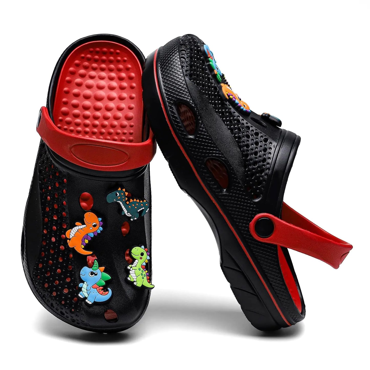 Wolidio Boys and Girls Classic Clogs Garden Shoes Slip on Water Shoes Children Beach Sandals Removable Cushion Insole Black and Red Size 4.5-5 Big Kid