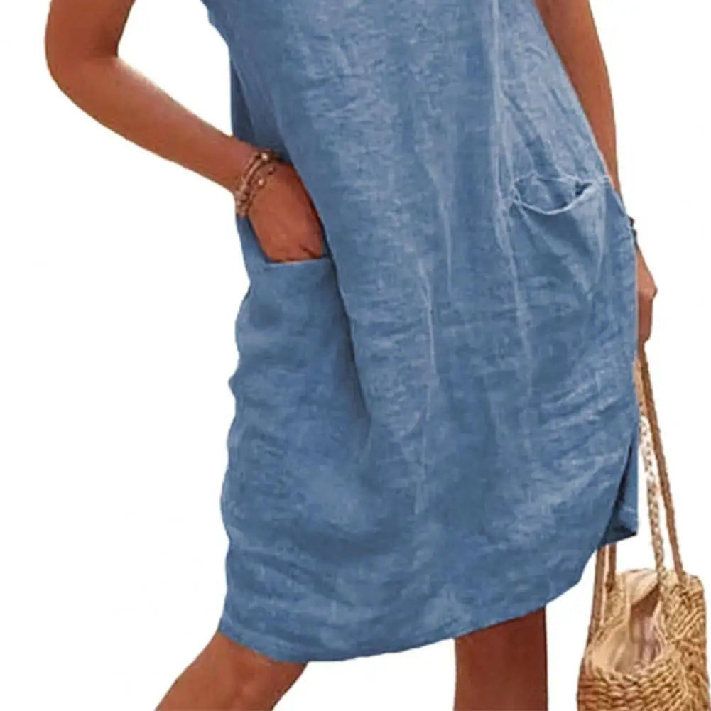 Sanwood Women's Vintage Solid Color Knee-Length Dress - Casual Short Sleeve Round Neck for Middle-Aged Women
