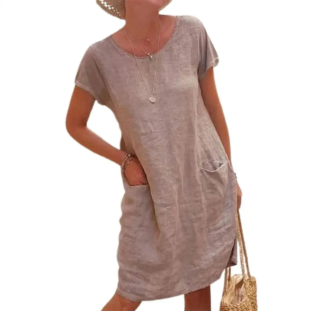 Sanwood Women's Vintage Solid Color Knee-Length Dress - Casual Short Sleeve Round Neck for Middle-Aged Women