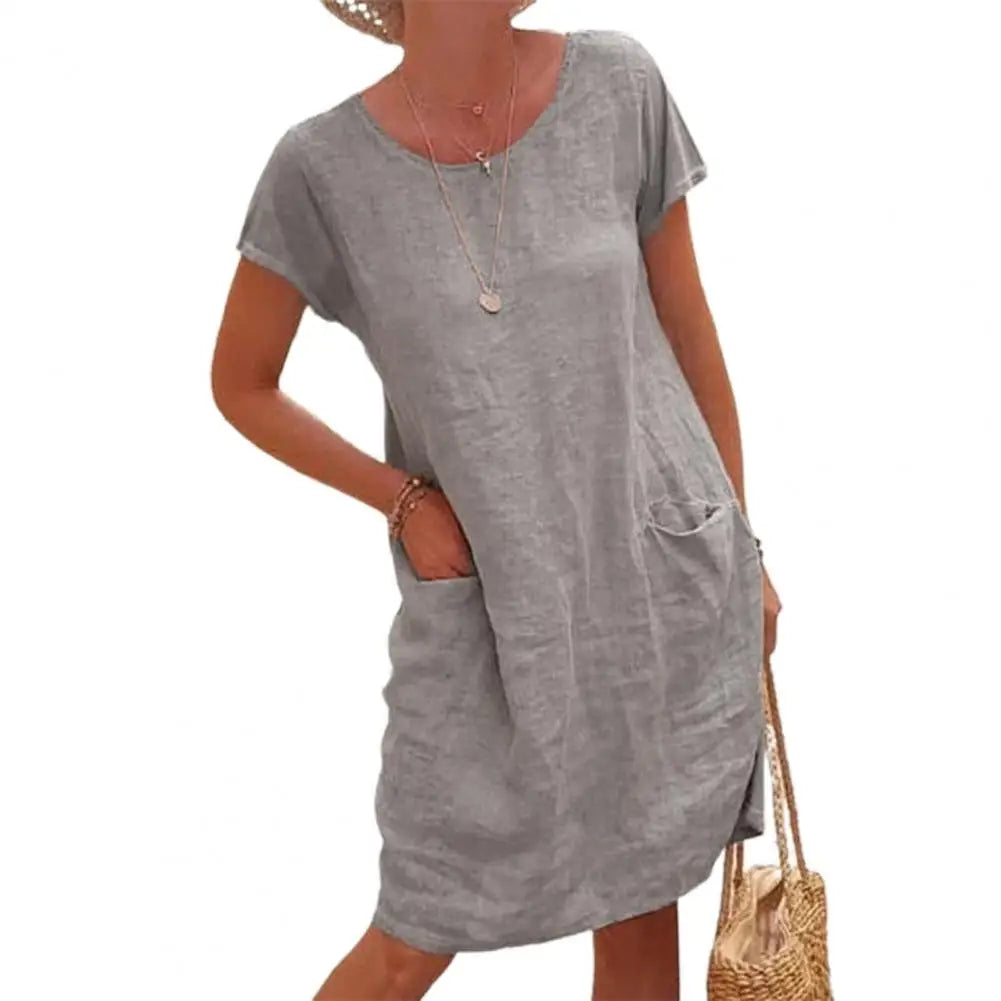 Sanwood Women's Vintage Solid Color Knee-Length Dress - Casual Short Sleeve Round Neck for Middle-Aged Women