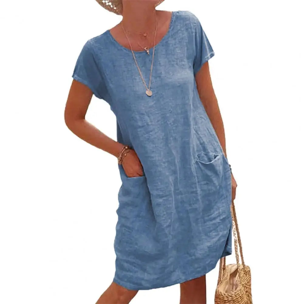 Sanwood Women's Vintage Solid Color Knee-Length Dress - Casual Short Sleeve Round Neck for Middle-Aged Women