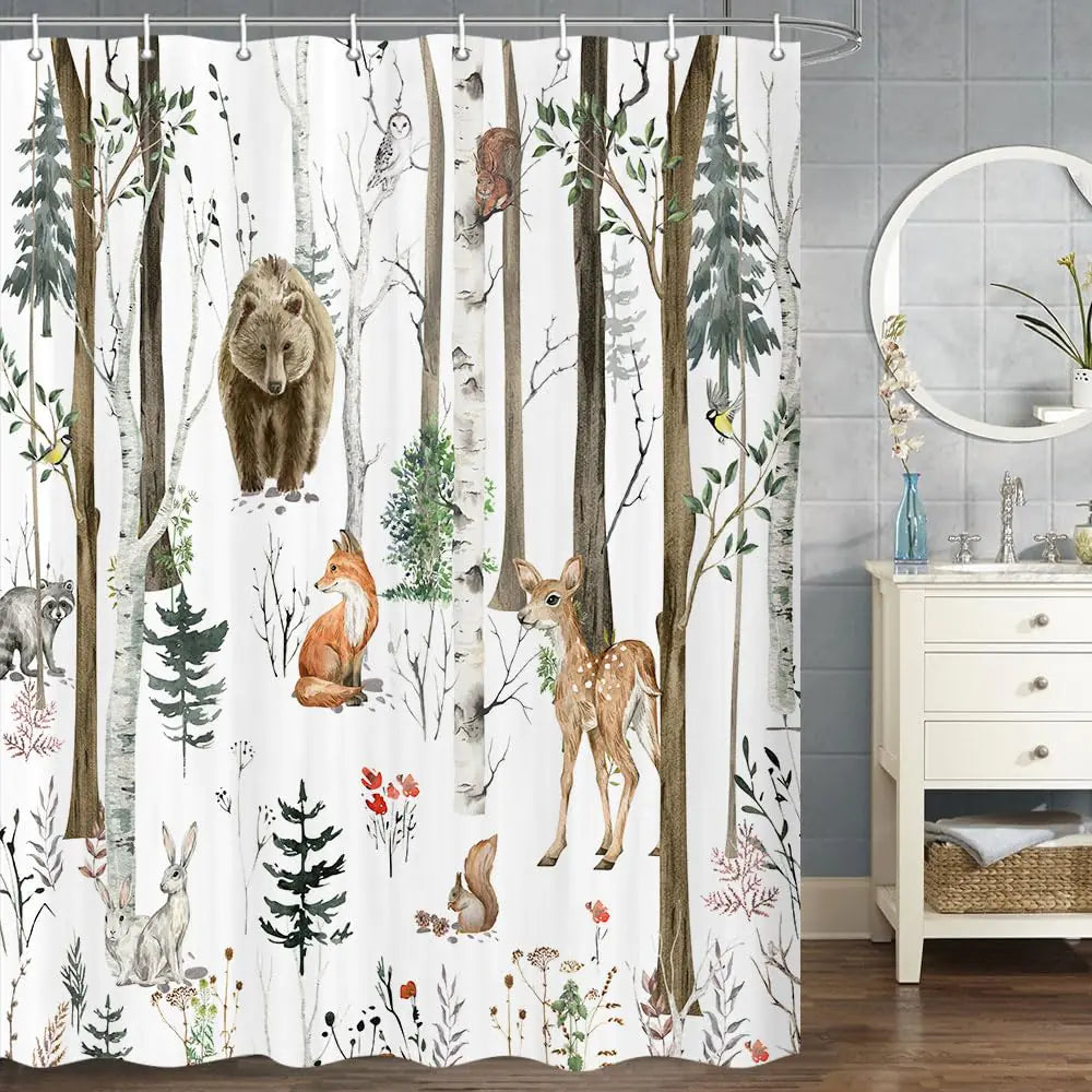 Rustic Forest Shower Curtains Rustic Lodge Cabin Shower Curtain Woodsy RV Shower Curtain wildlife Animals woodland Shower Curtain Campers Shower Curtain Camping Bathroom Set with Hooks 47X64 Inch