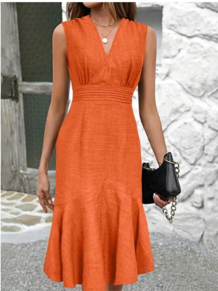 Elegant Summer Sleeveless V-Neck Fishtail Midi Dress – Slim Fit, High Waist, Holiday Style for Women