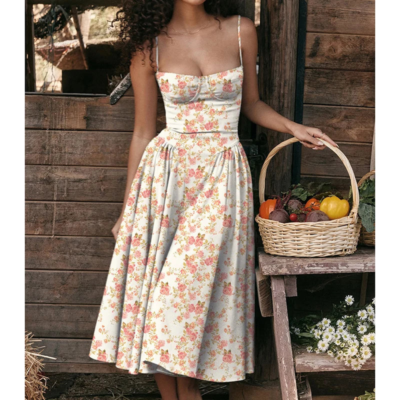 Elegant Spaghetti Strap A-Line Midi Dress – Spring/Summer Party Style