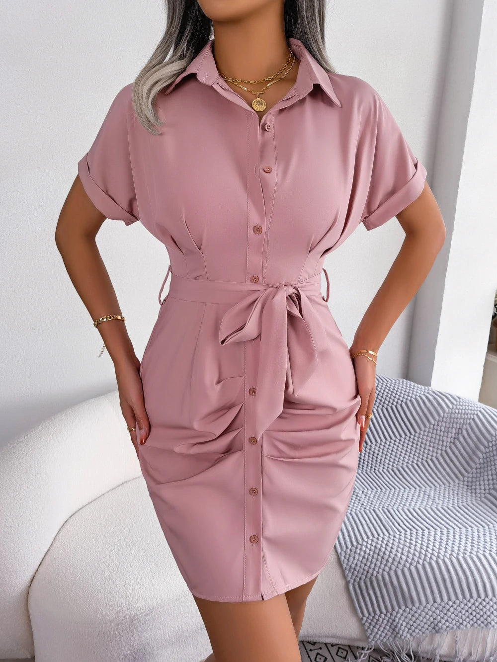 Women’s Casual Summer Pencil Dress – Short Sleeve, Button Detail, Slim Fit Mini Dress