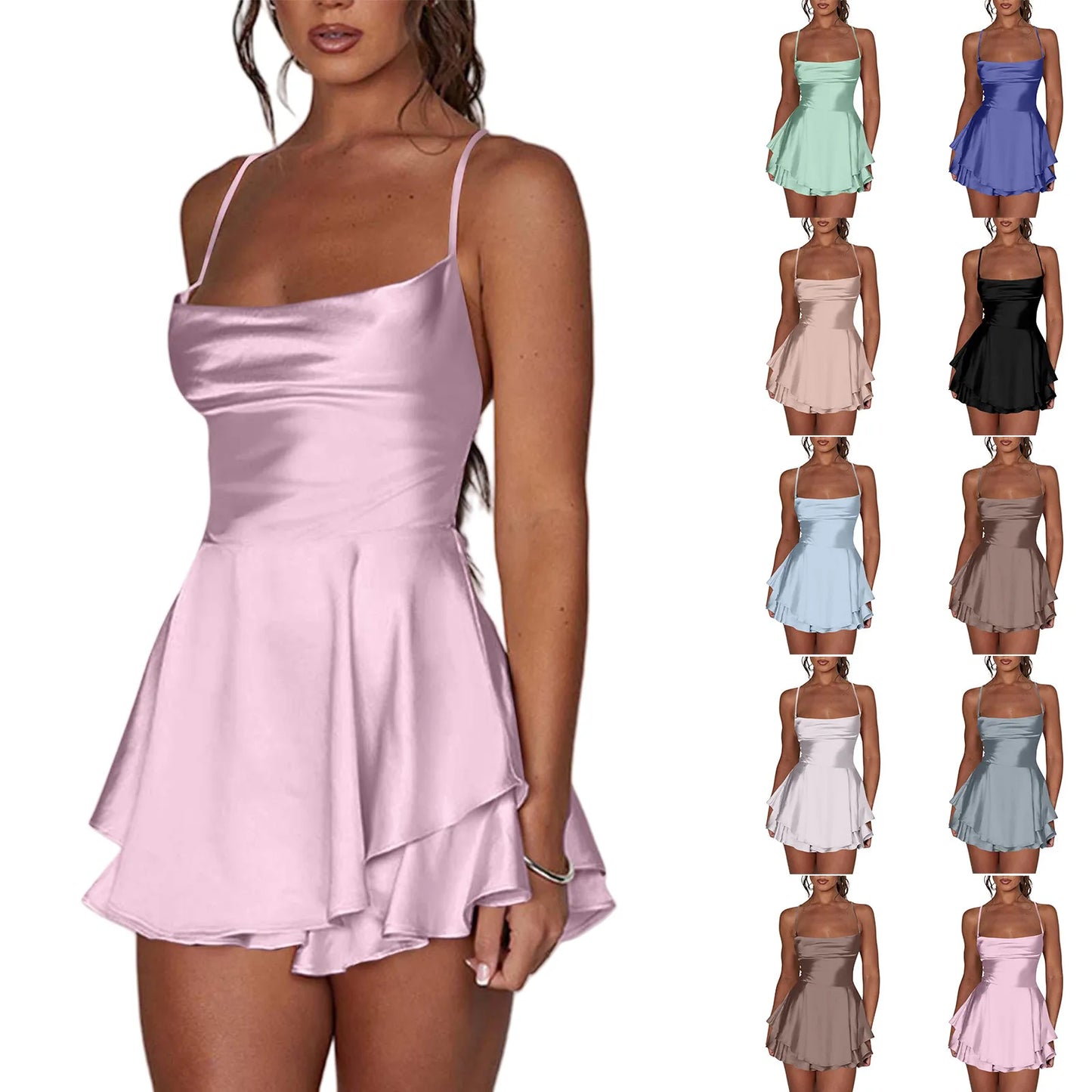 Women’s Satin Backless Mini Dress – Cowl Neck, Spaghetti Straps, Slim Fit Party Dress
