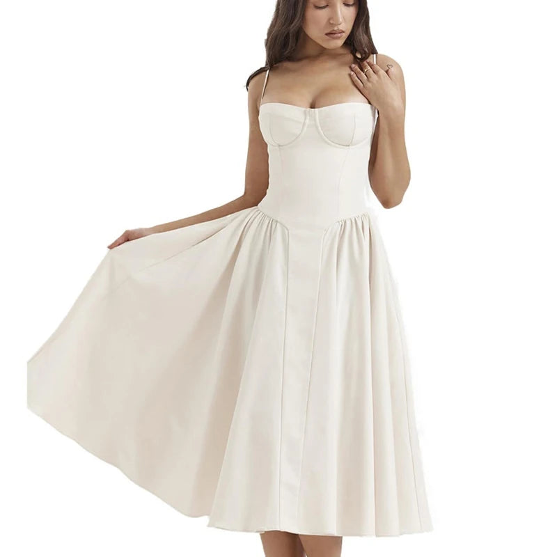 Elegant Spaghetti Strap A-Line Midi Dress – Spring/Summer Party Style