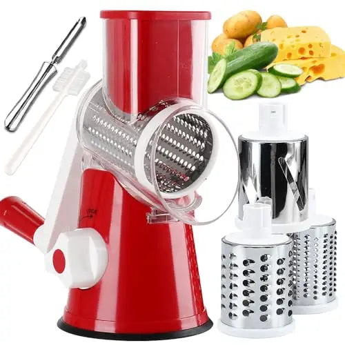 Manual Rotary Grater & Vegetable Slicer - Stainless Steel Multi-Function Kitchen Tool