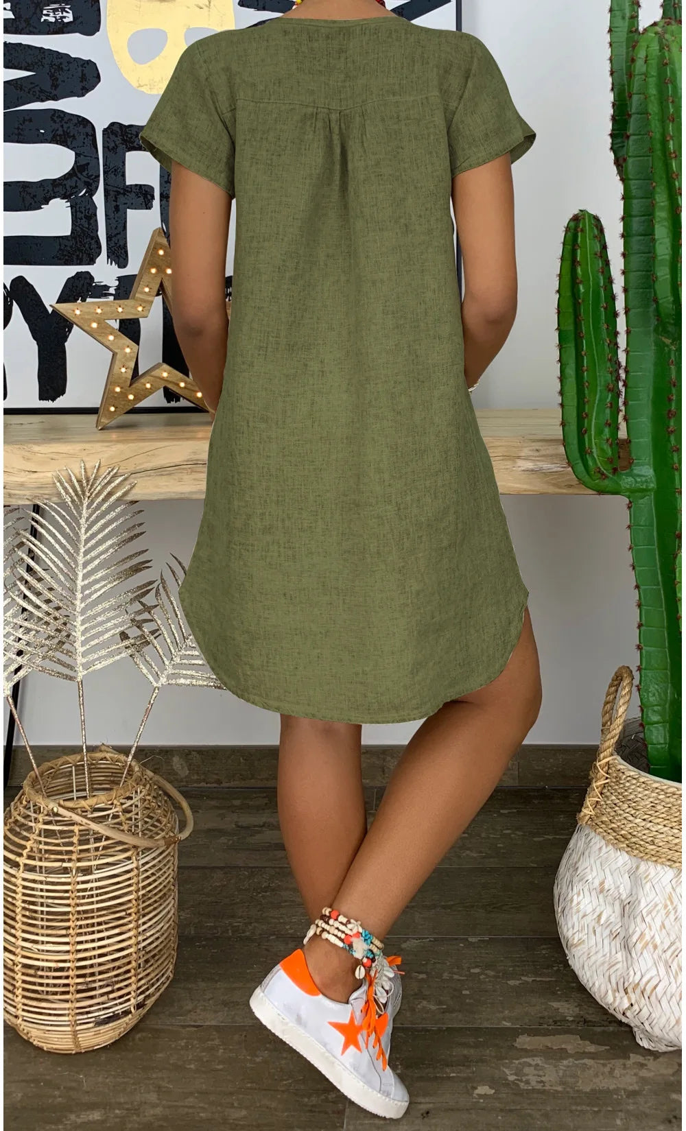 Women’s Summer V-Neck Short Sleeve Loose-Fit Cotton Linen Dress - Casual, Draped Mini Dress