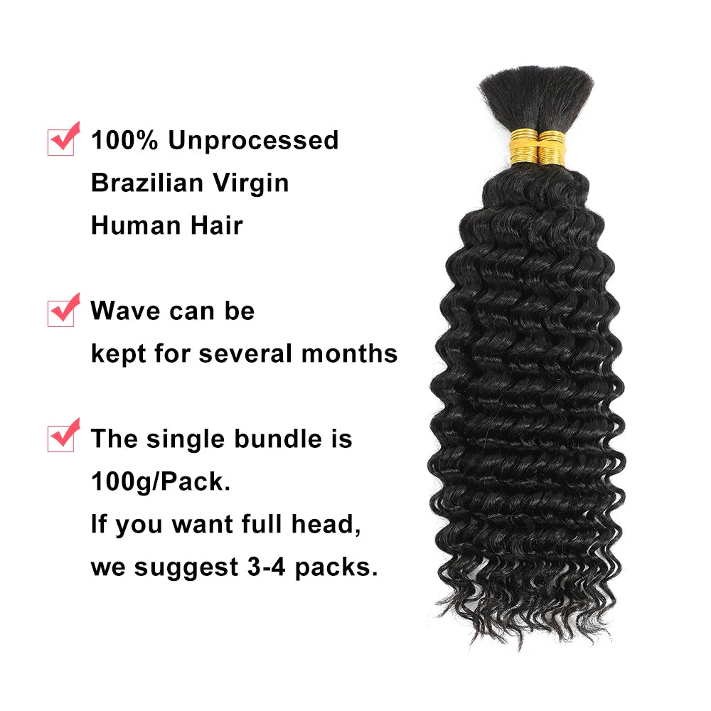 Asimey 100g Deep Wave Human Braiding Hair Bulk – No Weft Curly Extensions for Boho Braids – 100% Brazilian Hair