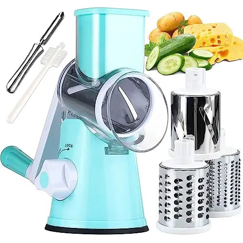Manual Rotary Grater & Vegetable Slicer - Stainless Steel Multi-Function Kitchen Tool