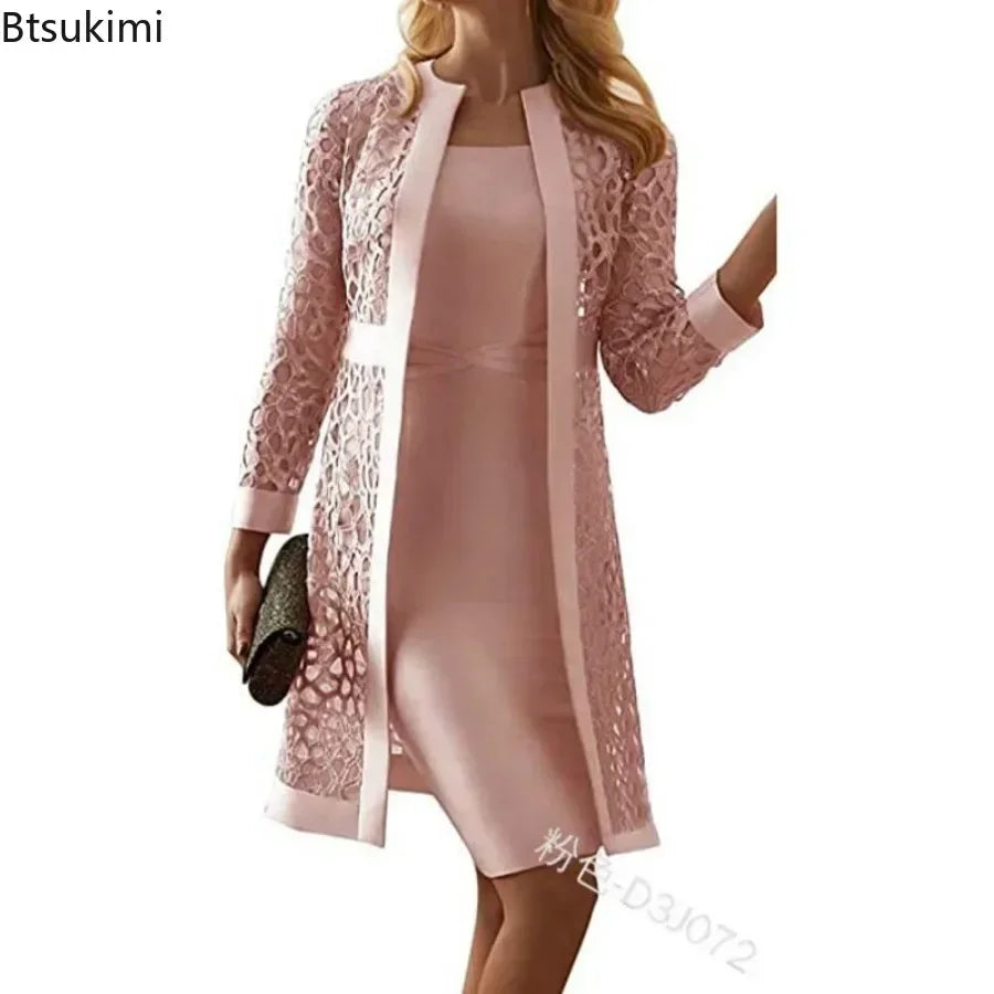 2025 Elegant Women's Dress Suit Set – 2-Piece Lace Cardigan & Knee-Length Sheath Dress for Office, Parties, and Special Occasions