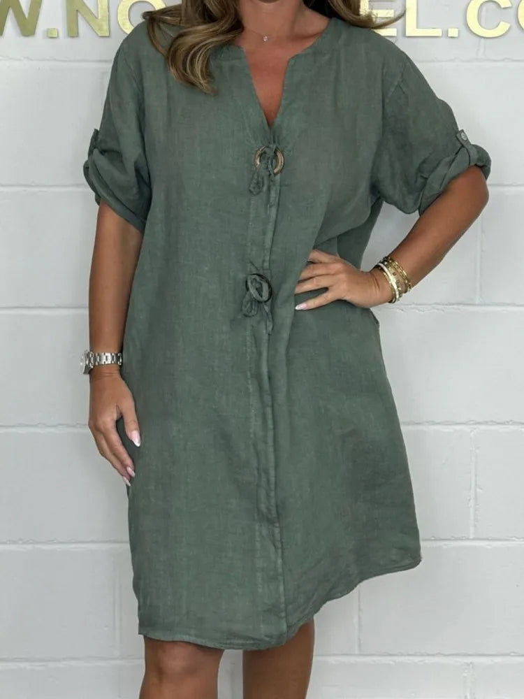 RHJPEADL Women's Solid Color V-Neck Midi Dress with Buttons – Casual Loose Fit Half Sleeve Spring/Summer Dress for Middle-Aged Women