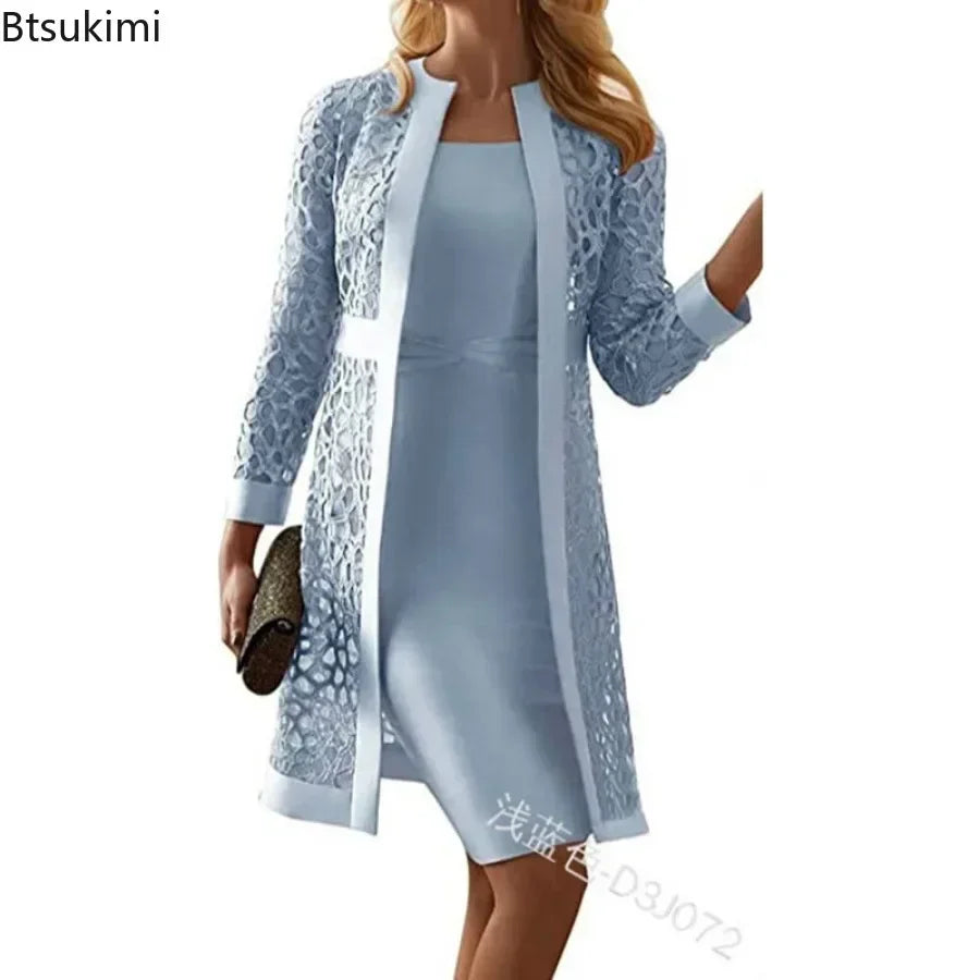 2025 Elegant Women's Dress Suit Set – 2-Piece Lace Cardigan & Knee-Length Sheath Dress for Office, Parties, and Special Occasions