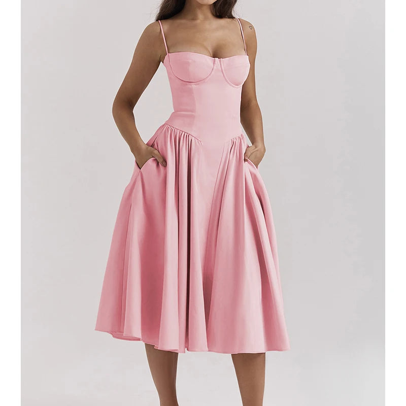 Elegant Spaghetti Strap A-Line Midi Dress – Spring/Summer Party Style