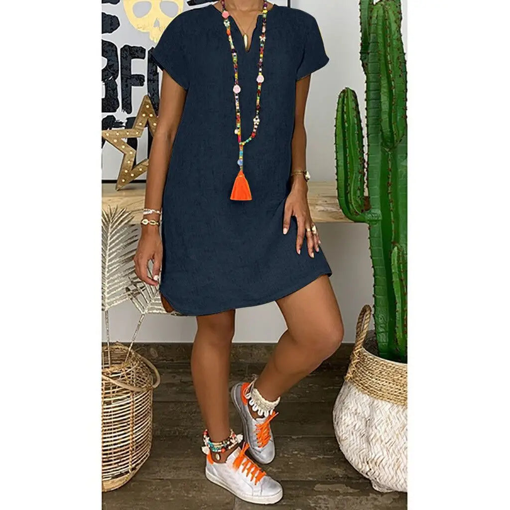 Women’s Summer V-Neck Short Sleeve Loose-Fit Cotton Linen Dress - Casual, Draped Mini Dress