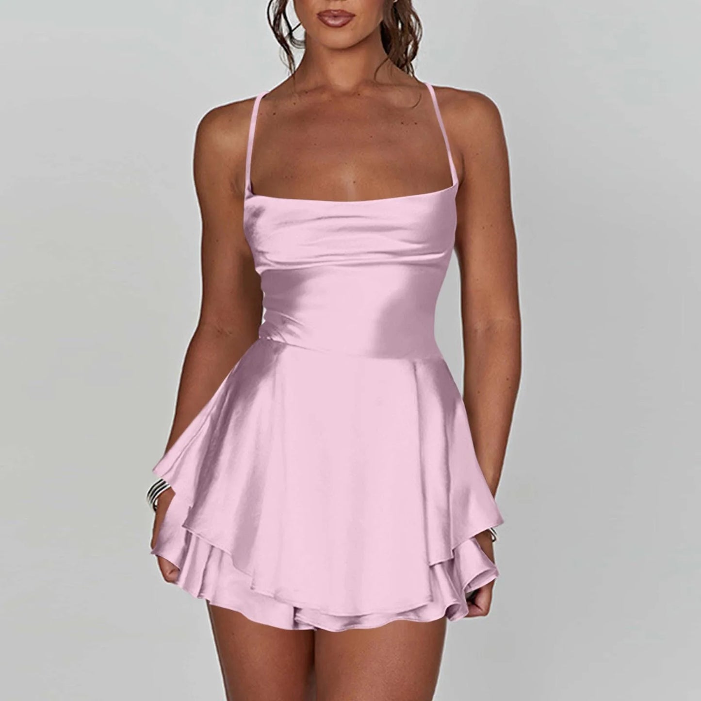 Women’s Satin Backless Mini Dress – Cowl Neck, Spaghetti Straps, Slim Fit Party Dress