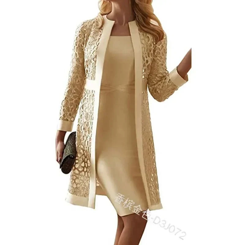 2025 Elegant Women's Dress Suit Set – 2-Piece Lace Cardigan & Knee-Length Sheath Dress for Office, Parties, and Special Occasions