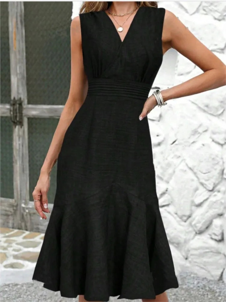 Elegant Summer Sleeveless V-Neck Fishtail Midi Dress – Slim Fit, High Waist, Holiday Style for Women