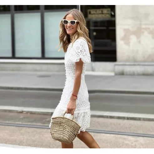 2025 Women's Elegant Lace A-Line Dress – V-Neck, Short Sleeve, Backless, Knee-Length – Casual, Party, Office Wear