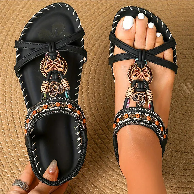 Bohemian Women's Summer Sandals – Soft Sole, Low Heel, Non-Slip Gladiator Style with Beaded Details
