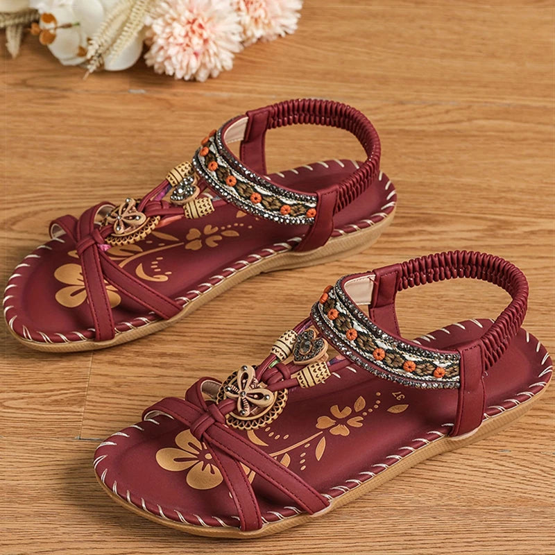 Bohemian Women's Summer Sandals – Soft Sole, Low Heel, Non-Slip Gladiator Style with Beaded Details