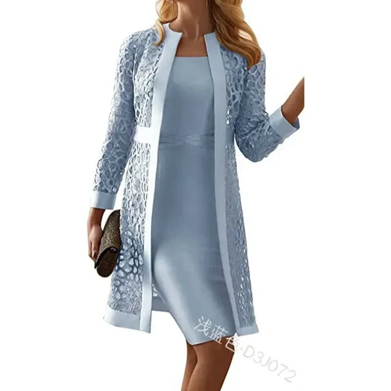 2025 Elegant Women's Dress Suit Set – 2-Piece Lace Cardigan & Knee-Length Sheath Dress for Office, Parties, and Special Occasions