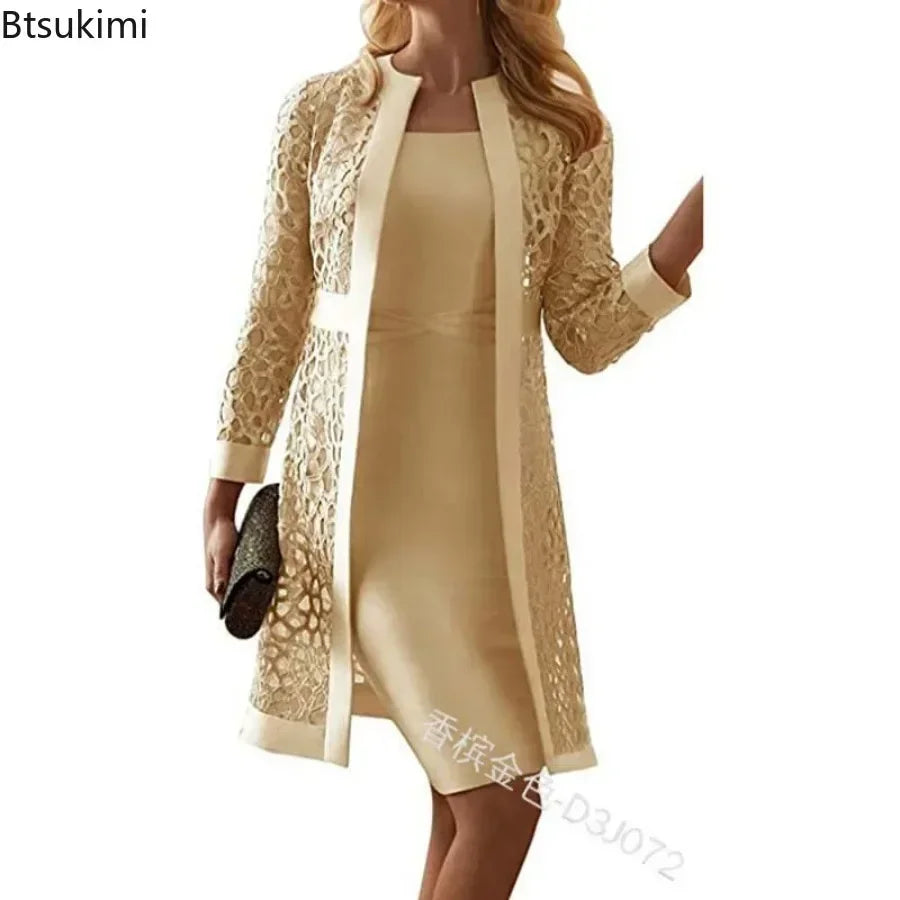 2025 Elegant Women's Dress Suit Set – 2-Piece Lace Cardigan & Knee-Length Sheath Dress for Office, Parties, and Special Occasions