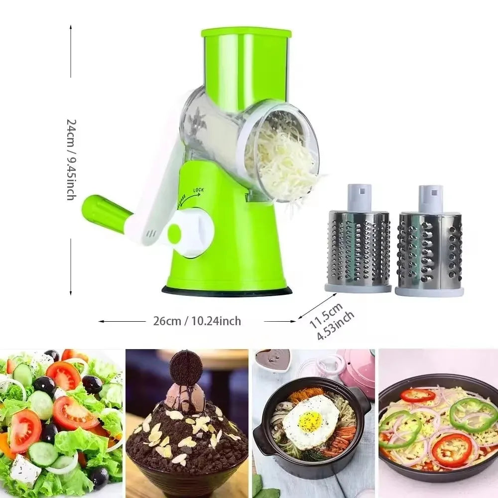Manual Rotary Grater & Vegetable Slicer - Stainless Steel Multi-Function Kitchen Tool