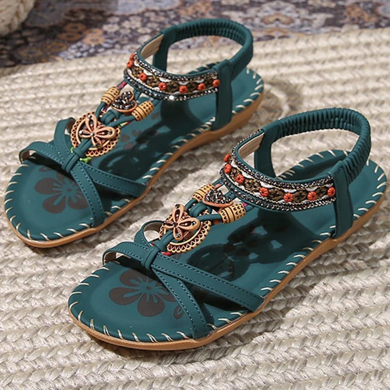 Bohemian Women's Summer Sandals – Soft Sole, Low Heel, Non-Slip Gladiator Style with Beaded Details