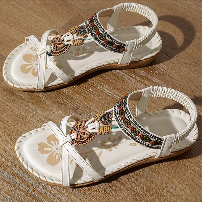 Bohemian Women's Summer Sandals – Soft Sole, Low Heel, Non-Slip Gladiator Style with Beaded Details
