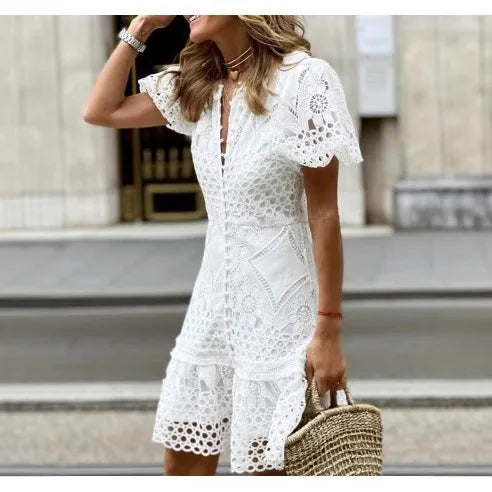 2025 Women's Elegant Lace A-Line Dress – V-Neck, Short Sleeve, Backless, Knee-Length – Casual, Party, Office Wear
