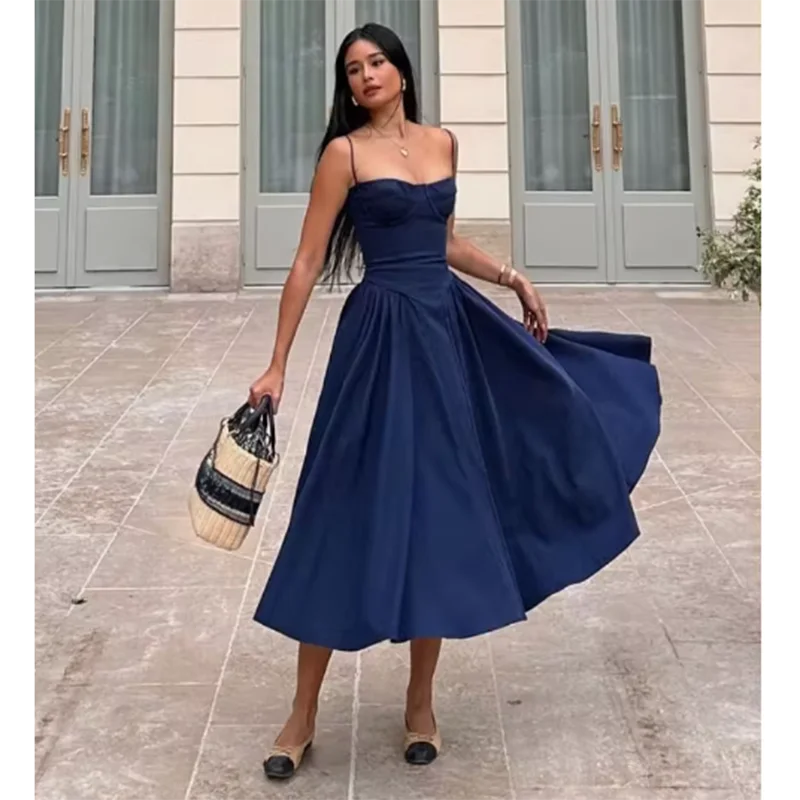 Elegant Spaghetti Strap A-Line Midi Dress – Spring/Summer Party Style