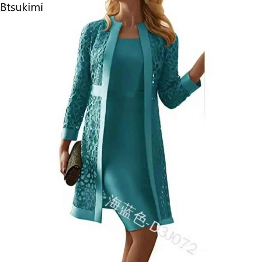 2025 Elegant Women's Dress Suit Set – 2-Piece Lace Cardigan & Knee-Length Sheath Dress for Office, Parties, and Special Occasions