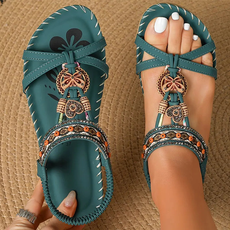 Bohemian Women's Summer Sandals – Soft Sole, Low Heel, Non-Slip Gladiator Style with Beaded Details