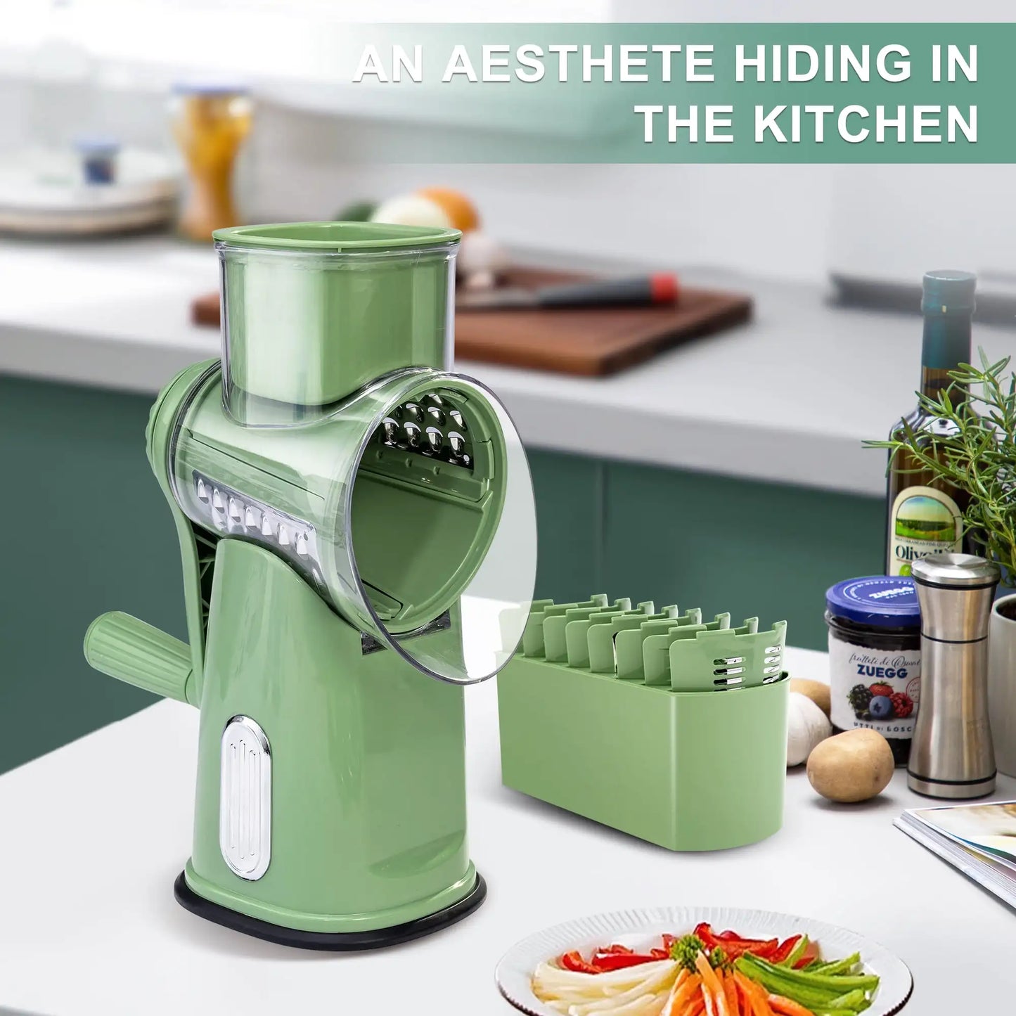 Rotary Cheese Grater with Handle - Food Shredder with 5 Well-designed Blades & Strong Suction Base,Round Mandoline Slicer