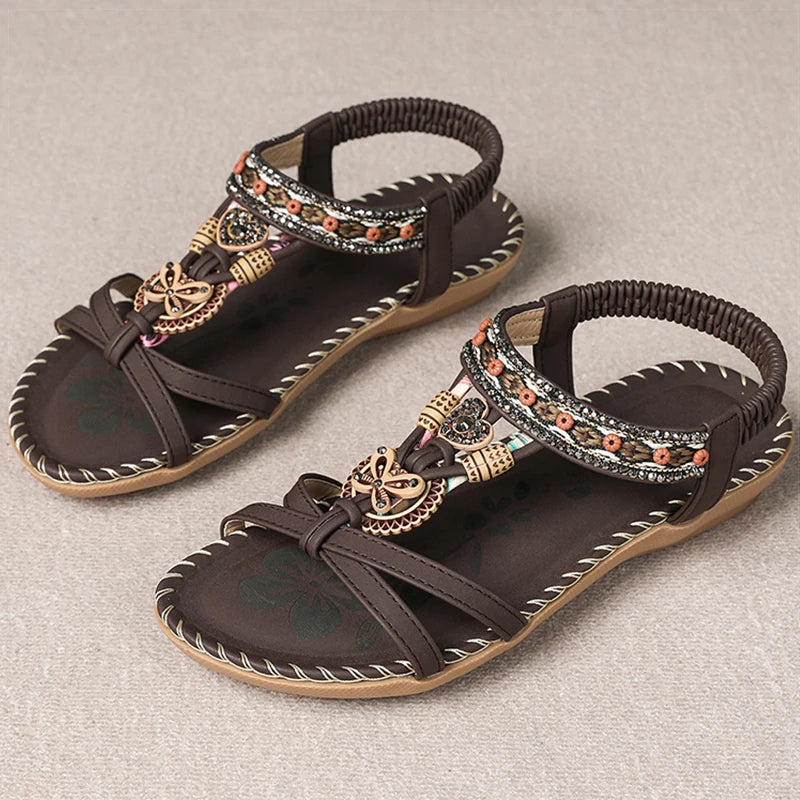 Bohemian Women's Summer Sandals – Soft Sole, Low Heel, Non-Slip Gladiator Style with Beaded Details