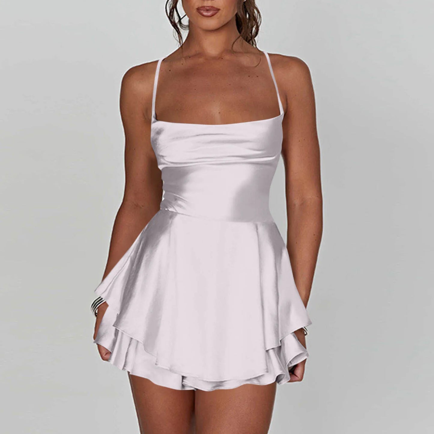 Women’s Satin Backless Mini Dress – Cowl Neck, Spaghetti Straps, Slim Fit Party Dress