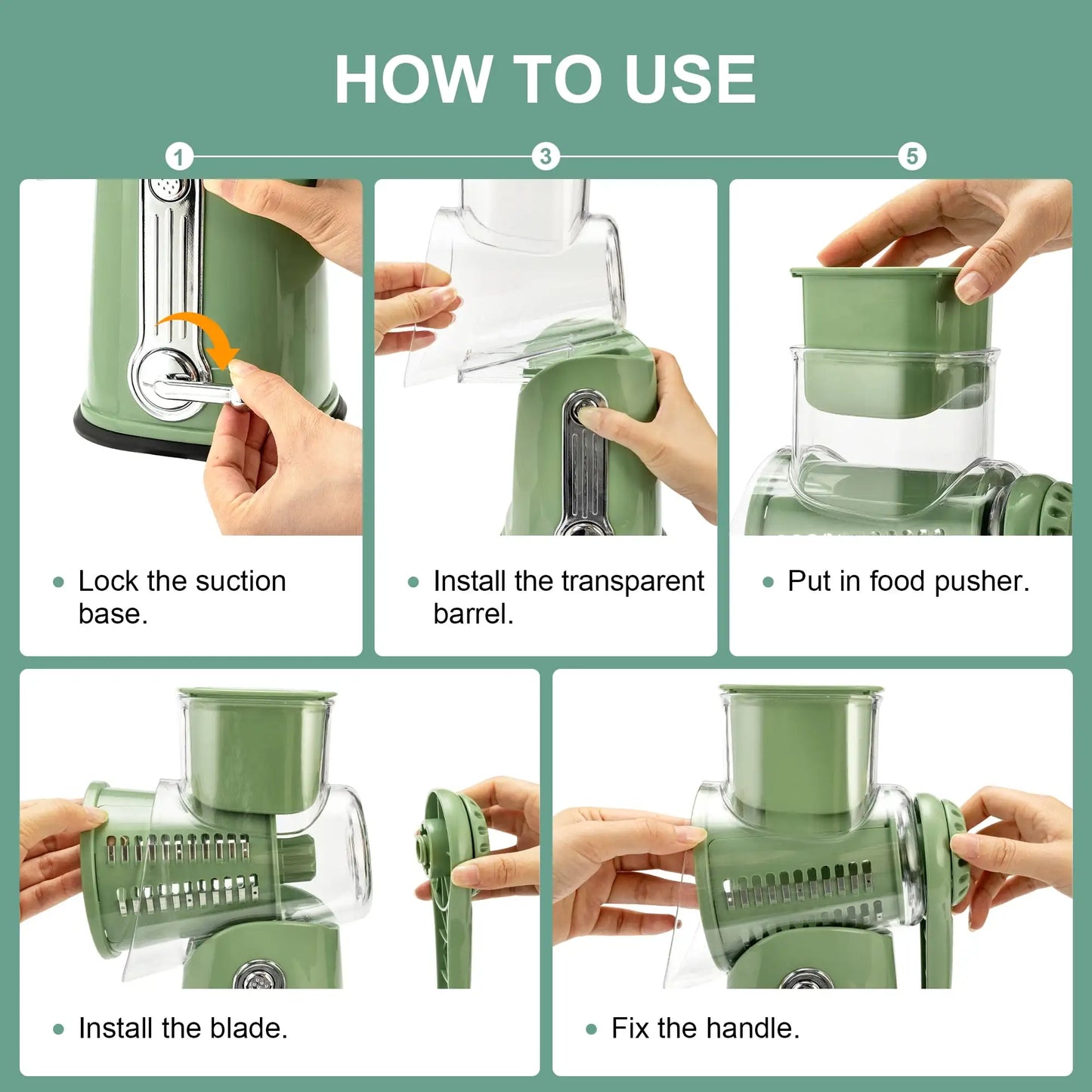 Rotary Cheese Grater with Handle - Food Shredder with 5 Well-designed Blades & Strong Suction Base,Round Mandoline Slicer