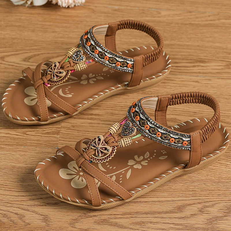 Bohemian Women's Summer Sandals – Soft Sole, Low Heel, Non-Slip Gladiator Style with Beaded Details