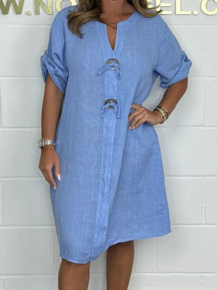RHJPEADL Women's Solid Color V-Neck Midi Dress with Buttons – Casual Loose Fit Half Sleeve Spring/Summer Dress for Middle-Aged Women