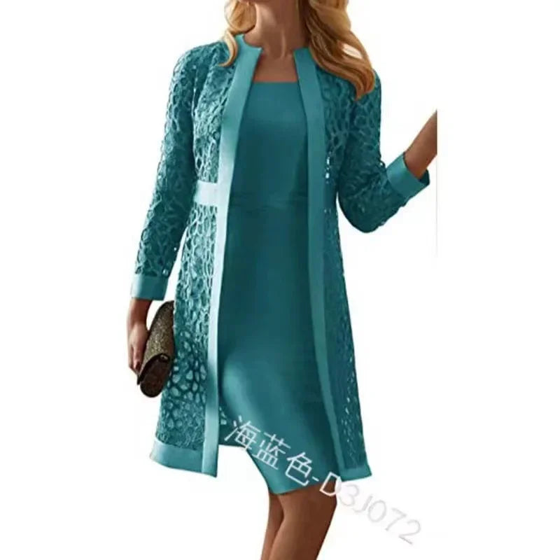 2025 Elegant Women's Dress Suit Set – 2-Piece Lace Cardigan & Knee-Length Sheath Dress for Office, Parties, and Special Occasions