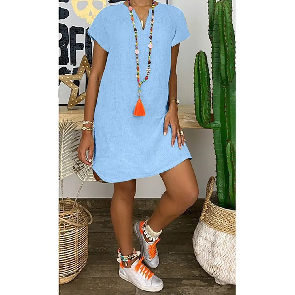 Women’s Summer V-Neck Short Sleeve Loose-Fit Cotton Linen Dress - Casual, Draped Mini Dress