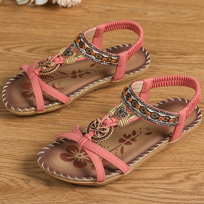 Bohemian Women's Summer Sandals – Soft Sole, Low Heel, Non-Slip Gladiator Style with Beaded Details
