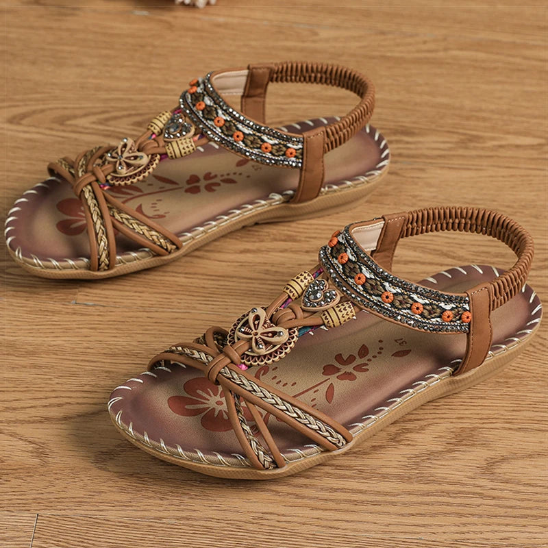 Bohemian Women's Summer Sandals – Soft Sole, Low Heel, Non-Slip Gladiator Style with Beaded Details