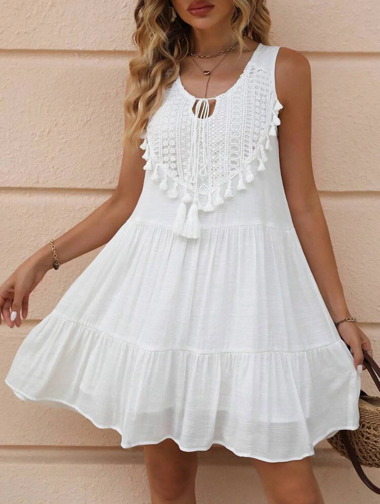 Women's White Lace Mini Dress – Sleeveless Beach Resort Style (Spring/Summer 2025)