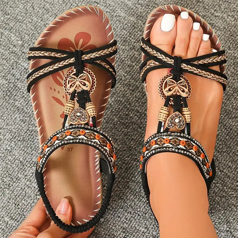 Bohemian Women's Summer Sandals – Soft Sole, Low Heel, Non-Slip Gladiator Style with Beaded Details