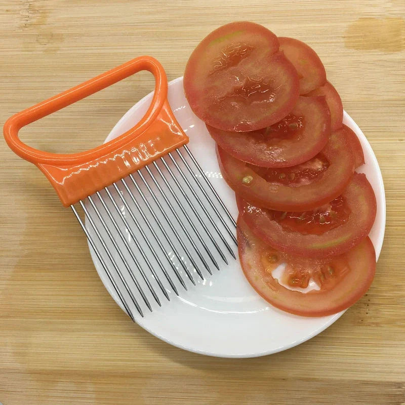 Stainless Steel Onion Needle / Fruit Slicer Tomato Cutter Cutting Safe Aid Holder Kitchen Accessories Tools